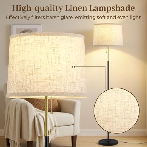 Floor Lamps for Living Room & Bedroom, 60" Modern Tall Standing Lamp, 3CCT - color: Linen T-Shades+Blackgold Pole