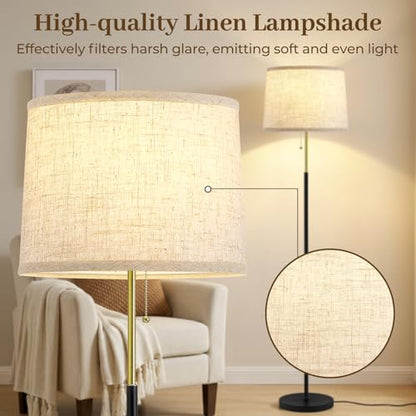 Floor Lamps for Living Room & Bedroom, 60" Modern Tall Standing Lamp, 3CCT - color: Linen T-Shades+Blackgold Pole