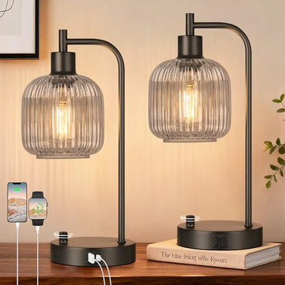 Grey Glass Table Lamps Set of 2, Dimmable Bedside Lamps for Living Room - color: Black&Grey