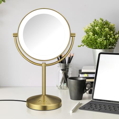 Conair LED Vanity Mirror, Double-Sided, 10x Maginification, Brushed Brass - color: Brushed Brass, size: 16"L x 10.3"W