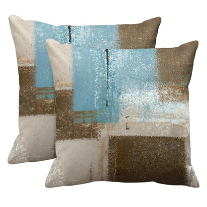 Britimes Throw Pillow Covers Set of 2, 16 x 16 Inch, Blue Beige Brown - color: Beige Blue, size: 16" x 16" (Pack of 2)