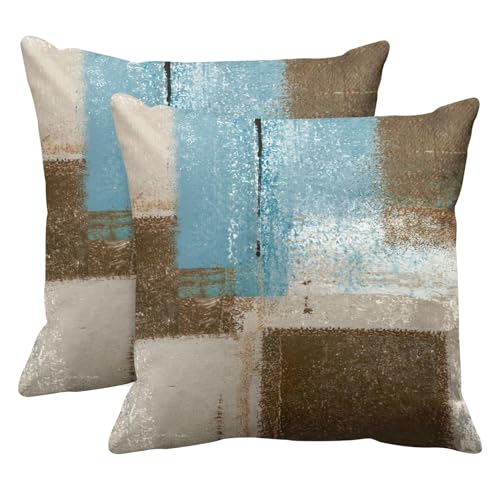 Britimes Throw Pillow Covers Set of 2, 18 x 18 Inch, Blue Beige Brown - color: Beige Blue, size: 18" x 18" (Pack of 2)