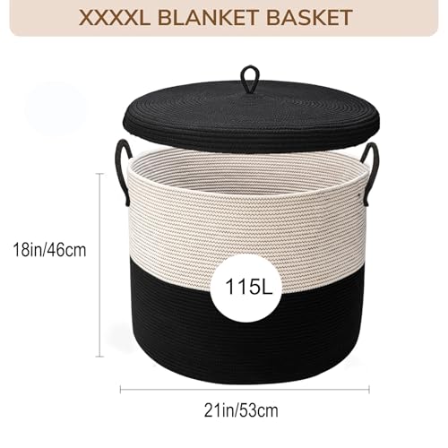 21" x 18"Extra Large storage baskets,Eco-friendly rope baskets with lid,blanket basket living room with lid,hampers for bedroom,big,round, Black 115L - color: White & Black