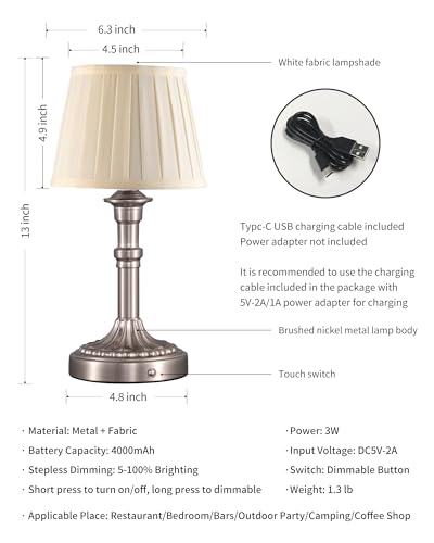 KDG Nickel Cordless Table Lamps Set of 2, Beige Fabric Shade Desk Lamp - color: Nickel + Beige Fabric Lampshde (2 Pack)