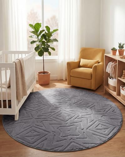 Carvapet Washable 6.5 Round Rug Soft Non Slip Circular Rugs for Living Room - color: Geometric Dark Gray, size: 6.5' Round