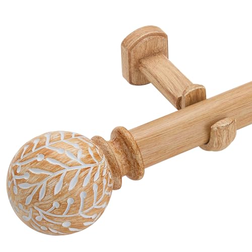 1-1/8 Inch Diameter Wood Curtain Rods for Windows 48 to 84 inch - Adjustable Seamless Aluminum Bracket - Heavy-Duty Boho Curtain Rods with Seaweed Finial - Light Wood Grain - color: Brown Wood Grain, size: 48-84"