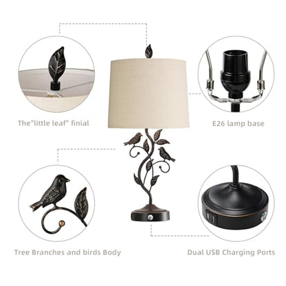 27" Touch Farmhouse Bird Table Lamps for Living Room with 2 USB C+A Ports - color: 1 Pack-‎Bronze
