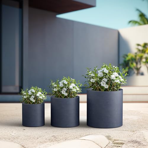 Kante Set of 3 Charcoal Concrete Cylinder Round Planters for Modern Home - color: Charcoal, size: 9.8",12.6",15.7" Dia