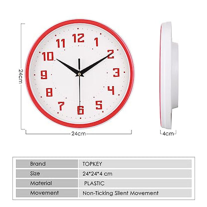 Topkey Silent Round Wall Clock Kitchen 9 Inch Modern Style Non-Ticking Decorative Bedroom Office Study Room Kitchen Wall Clock-Red - color: Red