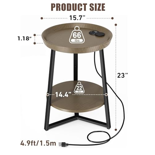 Gadroad Round End Table with Charging Station, Walnut Color - color: Walnut, size: 15.75"D x 15.75"W x 23"H (with Charging Station)