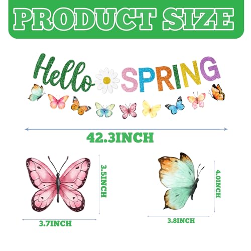Spring Decorations Banner,Spring Party Decorations Includes Hello Spring Banner and Butterfly Spring Hanging Swirls, Spring Decorations for Office Home Classroom
