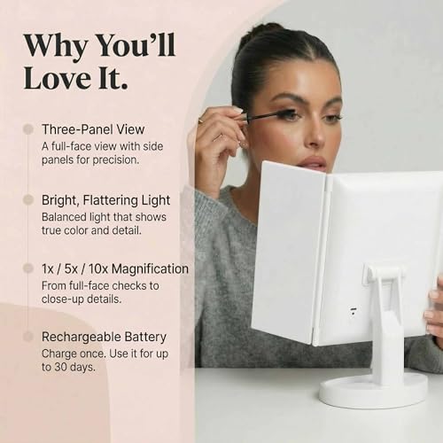 Fancii LED Lighted Vanity Makeup Mirror, Rechargeable Trifold Mirror with 5X & 10x Magnifications - 68 Dimmable Natural Lights, Touch Screen, Best Adjustable Make Up Mirror with Cosmetic Stand