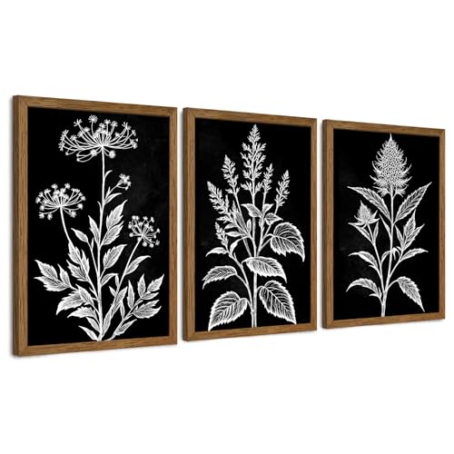AVECCO 3 Pieces Black White Botanical Wall Art Canvas Framed 20x30 Inch - color: Dark, size: 30"L x 20"W