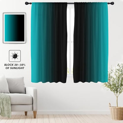 Teal Black Curtains, Ombre, 2 Panels, 42" W x 63" L, Rod Pocket - color: New Teal, size: 42"W x 63"L (Pack of 2)
