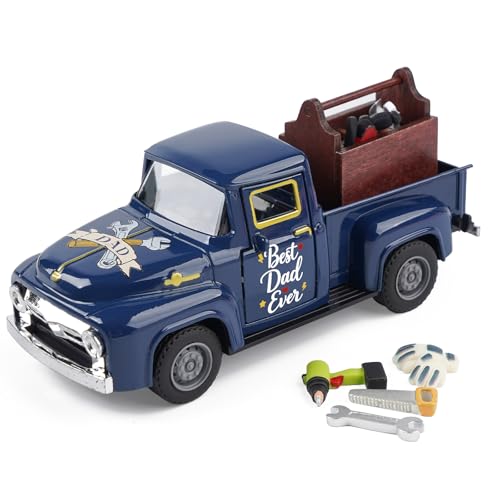 Fathers Day Truck Decor, Best Dad Ever Pickup Truck Tabletop Decoration with Toolbox, Rustic Farmhouse Tiered Tray Decor, Fathers Day Gift for Dad Home Office Desk - color: Father's Day Blue