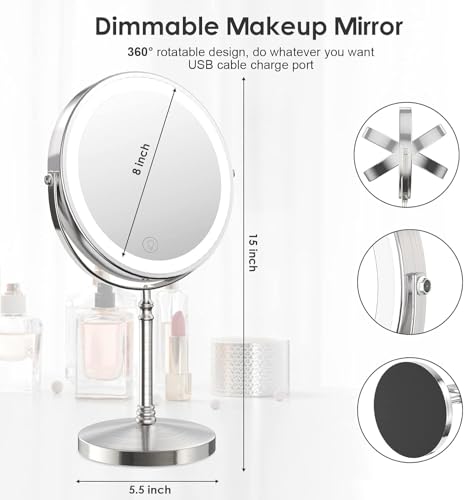 DEIOVWXS Makeup Mirror, Rechargeable Vanity Mirror with 3 Lights, 1X/10X - color: Nickel