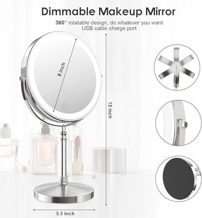 DEIOVWXS Makeup Mirror, Rechargeable Vanity Mirror with 3 Lights, 1X/10X - color: Nickel