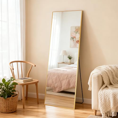 67"x30" Full Length Mirror with Stand, Gold Metal Frame Floor Mirror, Hanging, Standing or Leaning Against Wall, Tempered Full Body Mirrors for Room Decor, Living Room, Bedroom - color: Rectangular-gold, size: 67"L x 30"W
