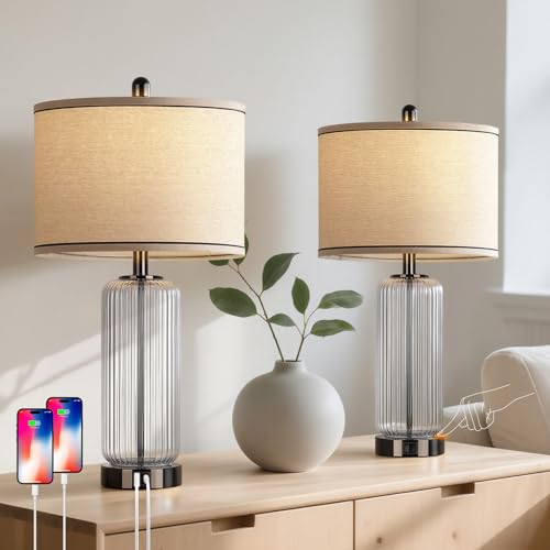 27" Black Glass Table Lamp, Modern Touch Beside Lamps, Desk Lamp Set of 2 - color: Glossy Black
