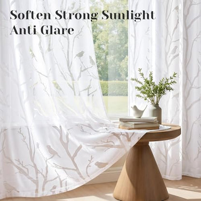 HOMEIDEAS White Semi Sheer Curtains 84 Inches Long,Birds on Branch,2 Panels - color: White - Birds on Branch, size: 52"W x 84"L (Pack of 2)