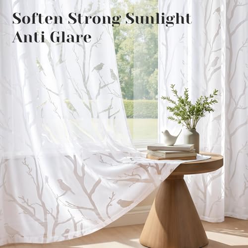 HOMEIDEAS White Semi Sheer Curtains 63 Inches Long,Birds on Branch,2 Panels - color: White - Birds on Branch, size: 52"W x 63"L (Pack of 2)