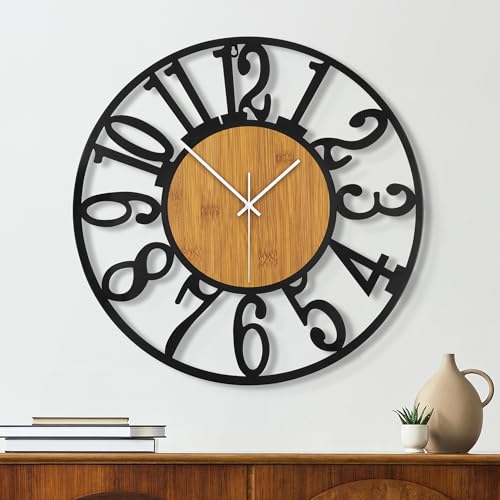 Maxstar Round Wall Clock for Living Room Decor Battery Operated Non Ticking Black Metal Wood Clocks for Home Living Room Garden Office Kitchen Decoration -16 inch - color: Wood-arabic Numerals, size: 16 Inch