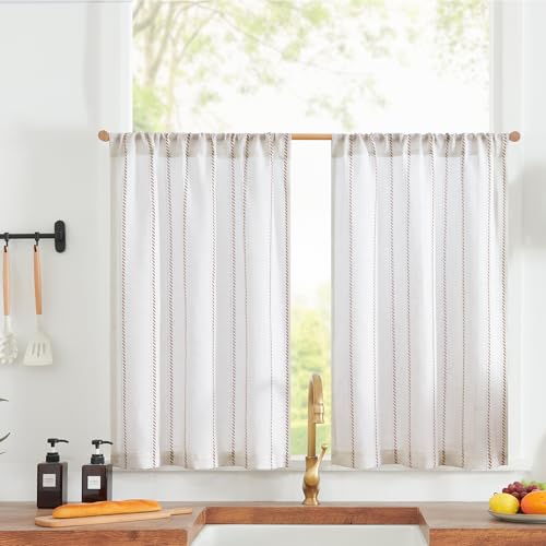 jinchan Linen Striped Tier Curtains for Kitchen Windows Cottage - color: Cottage Striped | Taupe, size: 26"W x 24"L (Pack of 2)