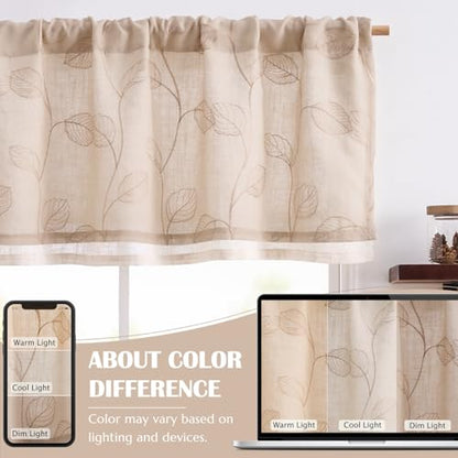 jinchan Linen Valance Curtain Beige Sheer Leaf Embroidered 18 Inch 1 Panel - color: Leaf Beige