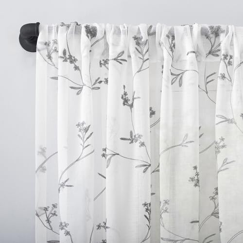 No. 918 Delia Embroidered Floral Sheer Rod Pocket Curtain Panel, 50" x 84", White - color: White, size: 50"W x 84"L (Pack of 1)