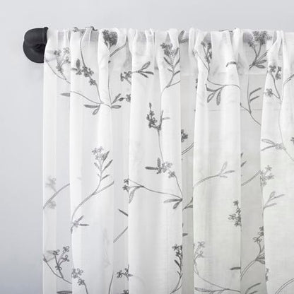 No. 918 - 56509 Delia Embroidered Floral Sheer Rod Pocket Curtain Panel, 50" x 63", White - color: White, size: 50"W x 63"L (Pack of 1)