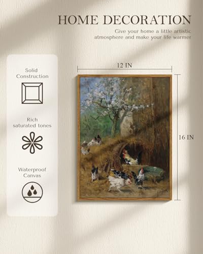 WHASAYART Rustic Farm Animal Framed Canvas Wall Art Countryside Print 12x16 - color: Farmhouse Chickens, size: 16"L x 12"W