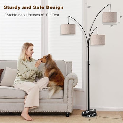 3 Light Arc Floor Lamp with Remote, Beige Shade Black Pole - color: Black-Beige Shade, size: 3