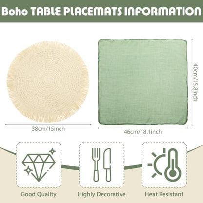 6 Sets Boho Woven Table Placemats Sage Green Cheesecloth Napkins - color: Sage Green