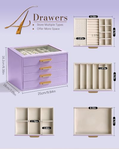 Homeanda Jewelry Boxes Organizer with Glass Lid, 4-Layer PU Leather, Purple - color: Lavender Purple, size: 4 Layer