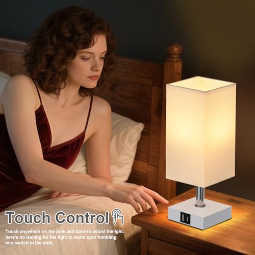 Touch Table Lamp for Bedroom - Dimmable, USB C+A, White Lamphade White Base - color: White & White