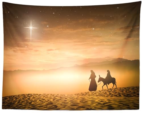 Loccor Nativity Scene Tapestry Desert Night Christmas Star Mary and Joseph to Bethlehem Birth of Jesus to Tapestry Stars of Bethlehem Wall Hanging Xmas Christian Church Wall Decor 92''x70'' - size: 70.00" x 92.00"