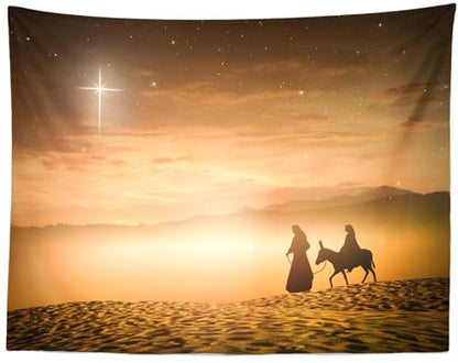 Loccor Nativity Scene Tapestry Desert Night Christmas Star Mary and Joseph to Bethlehem Birth of Jesus to Tapestry Stars of Bethlehem Wall Hanging Xmas Christian Church Wall Decor 92''x70'' - size: 70.00" x 92.00"