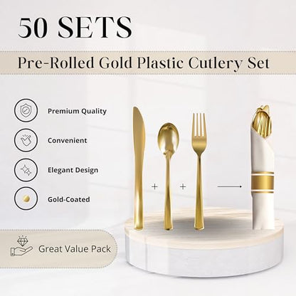 Neatiffy 50 Pack Gold Plastic Silverware Set, Pre Rolled Napkin and Cutlery Set with 50 Forks, 50 Knives, 50 Spoons, 50 Napkins, Utensils, Silverware for Parties, Weddings and Birthdays - color: Gold Napkin Cutlery