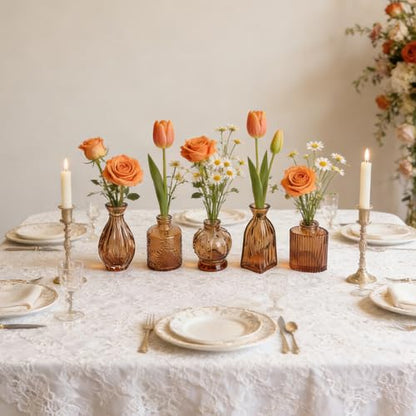 Petal Petite Small Amber Glass Bud Vase Set of 6 for Wedding Centerpieces - color: Amber