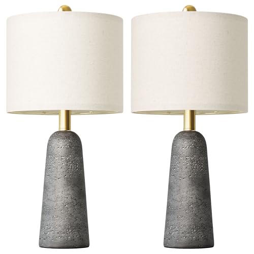 BOBOMOMO 21" Modern Table Lamps Set of 2, Gray Resin Lamp with Stone Look, Small Bedside Lamps for Bedroom, Contemporary Nightstand Lamps with Linen Shades, Small Lamp for Nursery, Entryway - color: Gray, size: 21"