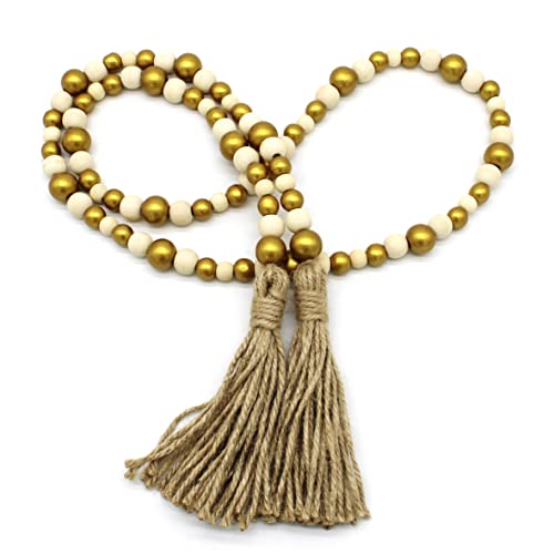CVHOMEDECO. Wood Beads Garland with Tassels Farmhouse Rustic Wooden Prayer Bead String Wall Hanging Accent for Home Festival Decor. Gold Mix - color: Gold Mix