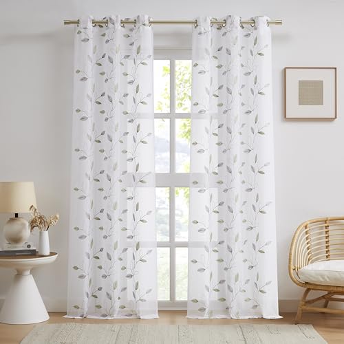 Bujasso Embroidered Leaf Sheer Curtains, Gray Green 38" Wx63 Lx2 - color: Gray Green, size: 38"W x 63"L (Pack of 2)