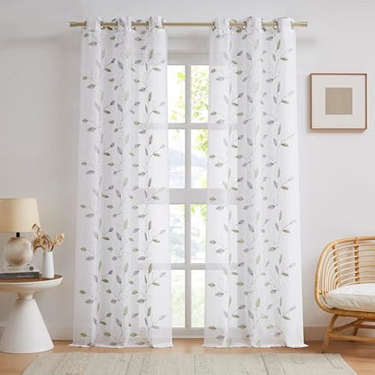 Bujasso Embroidered Leaf Sheer Curtains, Gray Green 38" Wx63 Lx2 - color: Gray Green, size: 38"W x 63"L (Pack of 2)
