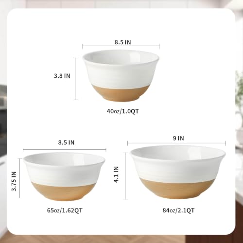 HASENSE Mixing Bowls, Large Ceramic Salad Bowls 2.1/1.5/1.0 Qt, Versatile Serving Bowls for Cooking, Baking, Salad Mixing, Prepping, Nesting White Bowl Set, Dishwasher Safe, Set of 3 - color: White, size: 84+65+40 oz