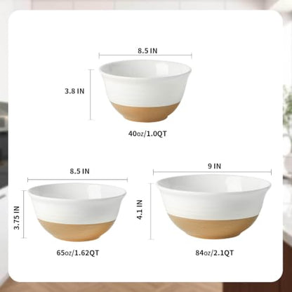HASENSE Mixing Bowls, Large Ceramic Salad Bowls 2.1/1.5/1.0 Qt, Versatile Serving Bowls for Cooking, Baking, Salad Mixing, Prepping, Nesting White Bowl Set, Dishwasher Safe, Set of 3 - color: White, size: 84+65+40 oz