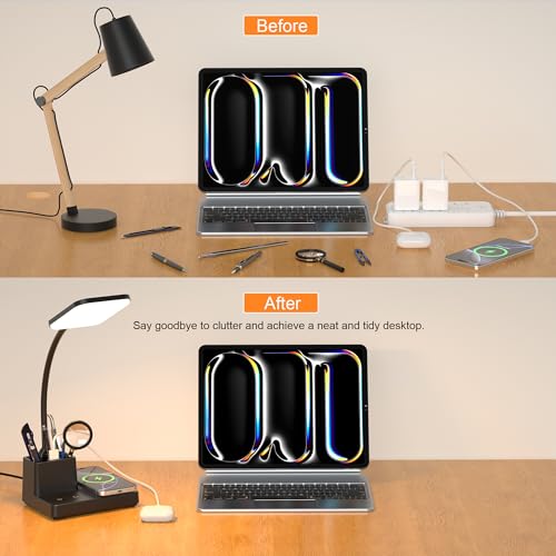 Wireless Charging Desk Lamp USB Charging & Pen Holder, Matte Black - color: Matte Black