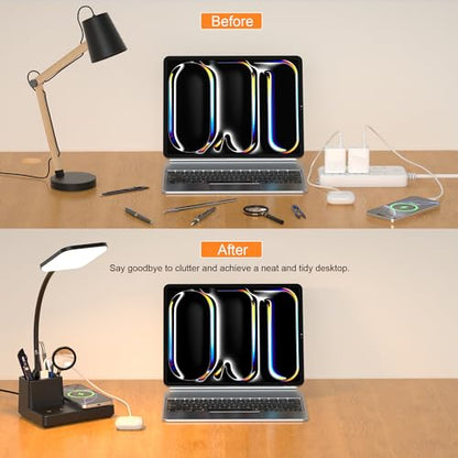 Wireless Charging Desk Lamp USB Charging & Pen Holder, Matte Black - color: Matte Black