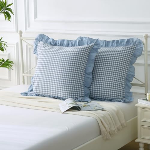 Mywinlle Dusty Blue Plaid Ruffle Gingham Throw Pillow Covers 18"x18" - color: Blue Plaid, size: 18" x 18" (Pack of 2)