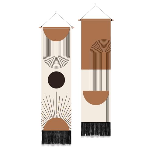 PLIGREAT 2 Pack Boho Style Tapestry with Tassels, 52" x 13" Geometric Aesthetic Wall Hanging Vertical Home Art Tapestry for Bedroom Living Room Bathroom Long Narrow Wall Hanging Art Decor - color: brown,beige