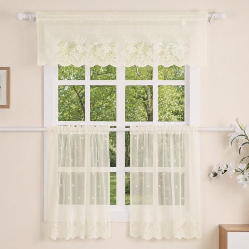 Molaxhome Kitchen Curtains Valance Beige Lace Floral Semi Sheer Curtain - color: Beige, size: 29"W x 35"L (Pack of 1)